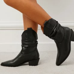 WMNS Snake Skin Pointed Toe Pull On Slouch Style Mid High Heel Boots