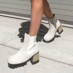 WMNS Stacked High Chunky Heel Boots - Elastic Insert And Zipper