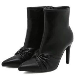 WMNS Pointed Toe High Stiletto Heel Boots - Bow Tie Effect Accent