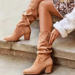 WMNS Relaxed Fit Rough Grain Leather Boots - Stacked Mid High Heel