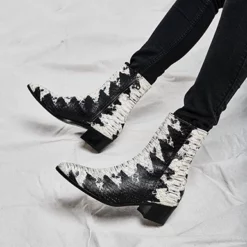 WMNS Zipper Side Reptile Finish Pointed Toe Boots - Mid High Heel