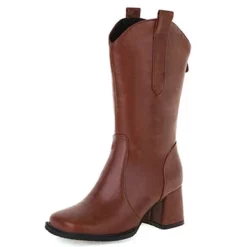 WMNS Grain Leather Zipper Back Square Toe Chunky Mid-High Heel Boots