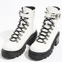 WMNS Polished Leather Mid High Heel Boots - Hiking Style Laces And Strap