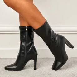 WMNS Soft Leather Calf Boots - Wide High Heel And Zipper