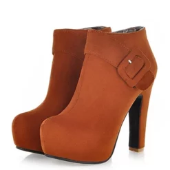 WMNS Suede Ankle High Heel Boots - Wide Strap And Buckle