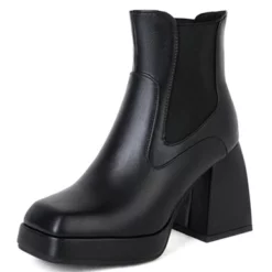 WMNS Elastic Insert Slip On Boots - Square Toes / Platform Chunky High Heel