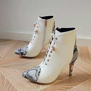 WMNS Reptile Accented Ankle Stiletto High Heel Boots With Laces 3 WMNS Reptile Accented Ankle Stiletto High Heel Boots With Laces