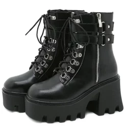 WMNS High Heel Riser Platform Boots - Double Ankle Straps And Laces