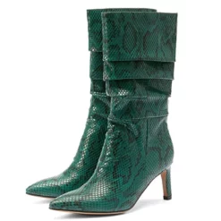 WMNS Reptile Leather Mid High Stiletto Heel Sag Boots - Pointed Toes