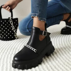 WMNS Side Cutout Strap And Buckle Boots - Cain Accent / Mid High Heel