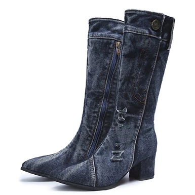 WMNS Torn Effect Denim Cover Pointed Toe Boots - Mid High Heel 3 WMNS Torn Effect Denim Cover Pointed Toe Boots - Mid High Heel