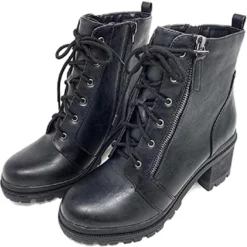 WMNS Double Zipper And Lace Front Leather Boots - Chunky Mid High Heel