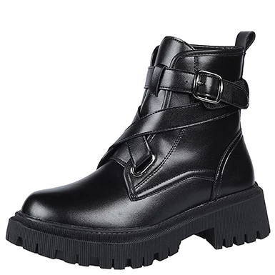 WMNS Crisscross Wrap Strap Boots - Rubber Sole Treaded Mid High Heel 3 WMNS Crisscross Wrap Strap Boots - Rubber Sole Treaded Mid High Heel