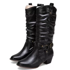 WMNS Sag Style Lined Riding Boots - Mid High Chunky Heel