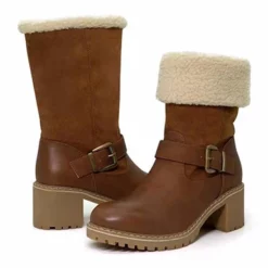 WMNS Convertible Faux Fur Lining Leather Boots - Chunky Mid-High Heel