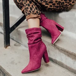 WMNS Grain Leather Sag Style Pointed Toe High Heel Boots - Side Zipper