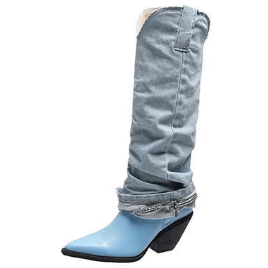 WMNS Denim Accent High Boots - Pointed Toes / Mid Heel 3 WMNS Denim Accent High Boots - Pointed Toes / Mid Heel