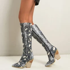 WMNS Reptile Leather Tall Boots - Chunky Peg High Heel
