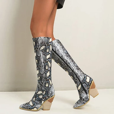 WMNS Reptile Leather Tall Boots - Chunky Peg High Heel 3 WMNS Reptile Leather Tall Boots - Chunky Peg High Heel