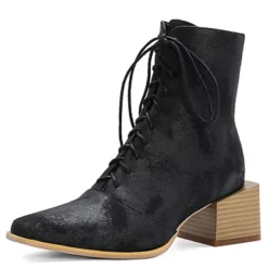WMNS Square Block Mid-High Heel Pointed Toe Cord Laced Boots