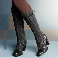 WMNS Double Strap And Buckle Cord Lace Chunky High Heel Tall Boots