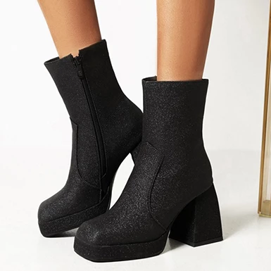 WMNS Textured Shimmering Square Toe Boots - Platform High Chunky Heel 3 WMNS Textured Shimmering Square Toe Boots - Platform High Chunky Heel