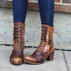 WMNS Strap Wrapped Patch Accent Tall Lace Front Boots - High Stacked Heel