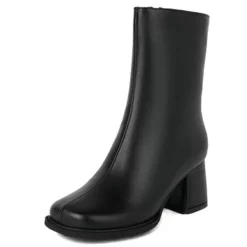 WMNS Side Zipper Grain Leather Boots - Chunky Mid High Heel