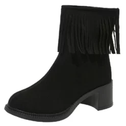 WMNS Fringe Accent Suede Boots - Chunky Mid-High Heel