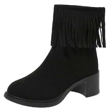 WMNS Fringe Accent Suede Boots - Chunky Mid-High Heel 3 WMNS Fringe Accent Suede Boots - Chunky Mid-High Heel