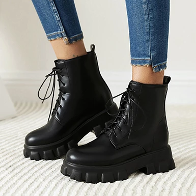 WMNS Combat Style Leather Mid-High Heel Leather Boots - Rubber Soles 3 WMNS Combat Style Leather Mid-High Heel Leather Boots - Rubber Soles
