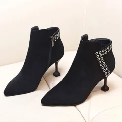 WMNS Rivet Accented Pedestal High Heel Boots - Almond Toes