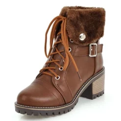 WMNS Fold Down Faux Fur Flap Lace Front Boots - Stacked Mid-High Heel