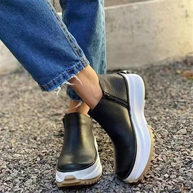 WMNS Rubber Sole Leather Ankle Boots - Zipper Inside / Mid High Wedge Heel 3 WMNS Rubber Sole Leather Ankle Boots - Zipper Inside / Mid High Wedge Heel