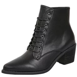 WMNS Lace Front Pointed Toe Stacked Mid-High Heel Leather Boots