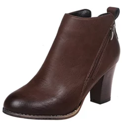 WMNS Double Zipper Rough Leather Boots - Stacked Wood High Heel