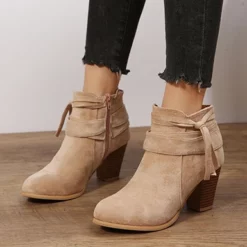 WMNS Tapered Mid-High Heel Leather Boots - Ankle Wraps