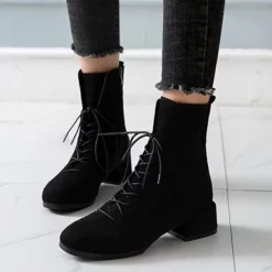 WMNS Suede High Top Cord Lace Boots With Zipper - Platform Low Heel