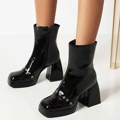 WMNS Rivet Strap Accent Zipper Platform Boots - High Chunky Heel 4 WMNS Rivet Strap Accent Zipper Platform Boots - High Chunky Heel - Image 2