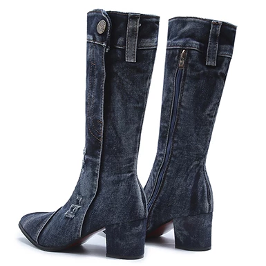 WMNS Torn Effect Denim Cover Pointed Toe Boots - Mid High Heel 4 WMNS Torn Effect Denim Cover Pointed Toe Boots - Mid High Heel - Image 2
