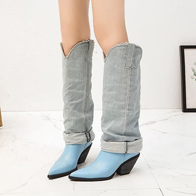 WMNS Denim Accent High Boots - Pointed Toes / Mid Heel 4 WMNS Denim Accent High Boots - Pointed Toes / Mid Heel - Image 2