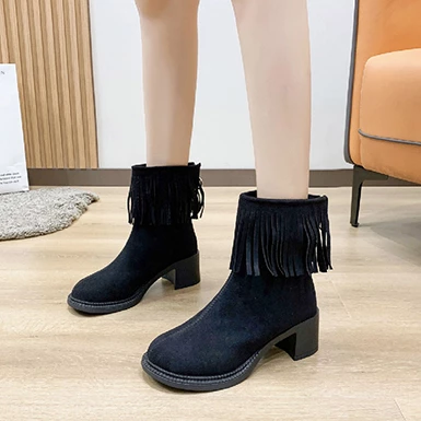 WMNS Fringe Accent Suede Boots - Chunky Mid-High Heel 4 WMNS Fringe Accent Suede Boots - Chunky Mid-High Heel - Image 2