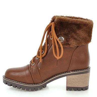 WMNS Fold Down Faux Fur Flap Lace Front Boots - Stacked Mid-High Heel 4 WMNS Fold Down Faux Fur Flap Lace Front Boots - Stacked Mid-High Heel - Image 2