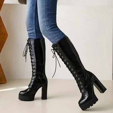 WMNS Patent Leather Tall Boots - Platform High Chunky Heel 4 WMNS Patent Leather Tall Boots - Platform High Chunky Heel - Image 2