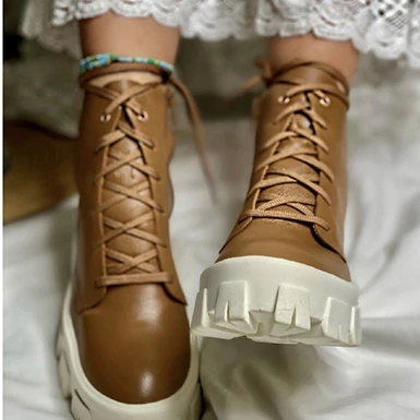 WMNS Finished Leather Ankle Boots - Lace Front / Mid High Heel 4 WMNS Finished Leather Ankle Boots - Lace Front / Mid High Heel - Image 2