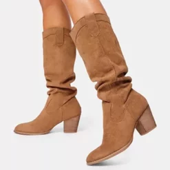 WMNS Relaxed Fit Rough Grain Leather Boots - Stacked Mid High Heel -SHOE TALK SELECTION 3 12