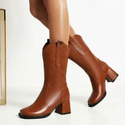 WMNS Grain Leather Zipper Back Square Toe Chunky Mid-High Heel Boots -SHOE TALK SELECTION 3 13