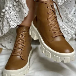 WMNS Finished Leather Ankle Boots - Lace Front / Mid High Heel 8 WMNS Finished Leather Ankle Boots - Lace Front / Mid High Heel -SHOE TALK SELECTION 3