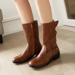 WMNS Grain Leather Finish Studded Shin Boots - Mid High Heel -SHOE TALK SELECTION 3 29