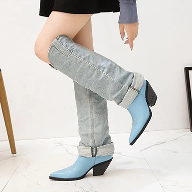 WMNS Denim Accent High Boots - Pointed Toes / Mid Heel 5 WMNS Denim Accent High Boots - Pointed Toes / Mid Heel - Image 3